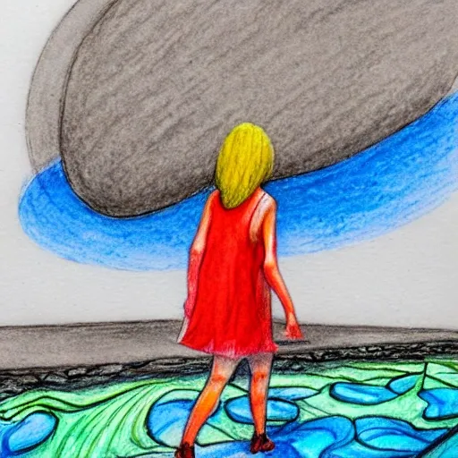  girl walking on lava, Water Color, Oil Painting, Pencil Sketch, 3D, Cartoon, Trippy