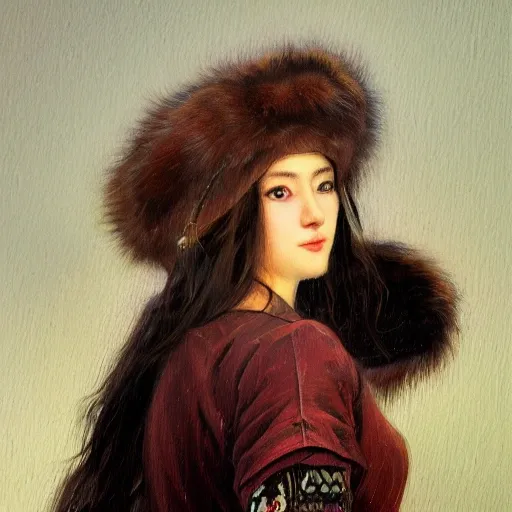 female siberian Russian concubine with slim curvy body, wearing a ushanka, at night, 1400s, painting by gaston bussiere, greg rutkowski, yoji shinkawa, yoshitaka amano, tsutomu nihei, donato giancola, tim hildebrandt, oil on canvas, {full body shot:from behind shot:looking over shoulder}, traditional russian clothing, trending on artstation, featured on pixiv, cinematic composition, extreme detail, metahuman creator, (best quality:1.4), ((masterpiece)), ((realistic)), (detailed), portrait_of_exotic_girls, seductive_smile, (((sexy))), godrays, dust in the air