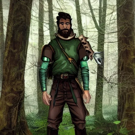 Male, woodland ranger, slender build, agile, curly dark brown hair, vibrant emerald green eyes, light beard, wears lightweight leather armor, carries a backpack, currently navigating through a misty forest, his eyes scanning the surroundings with focused determination. beautiful art, DnD Charakter 