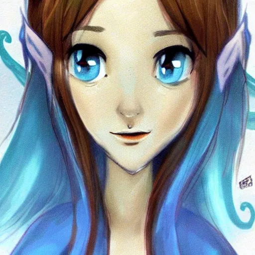 , Cartoon Concept art of Mia Edrielle, a fairy of brown hair and blue aqua eyes, she is beauty, young and slim, white skin, courius