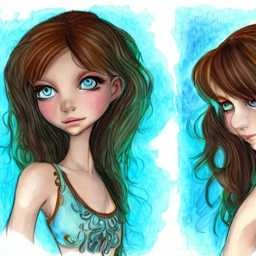 , Cartoon Concept art of Mia Edrielle, a fairy of brown hair and blue aqua eyes, she is beauty, young and slim, white skin, courius, , Water Color