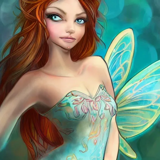 , Cartoon Concept art of Mia Edrielle, a fairy of brown hair and blue aqua eyes, she is beauty, young and slim, white skin, courius, , Water Color