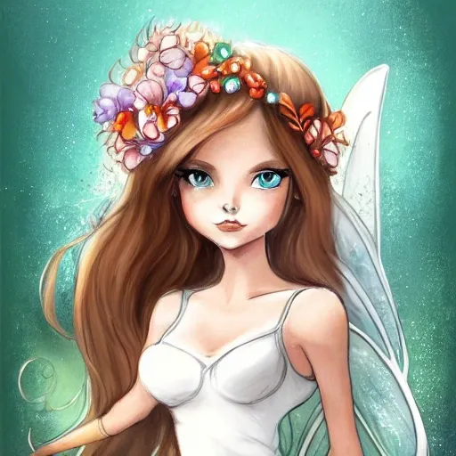 , Cartoon Concept art of Mia Edrielle, a fairy of brown hair and blue aqua eyes, she is beauty, young and slim, white skin, courius, , Water Color