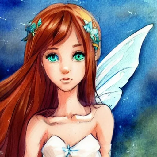 , Cartoon Concept art of Mia Edrielle, a fairy of brown hair and blue aqua eyes, she is beauty, young and slim, white skin, courius, , Water Color