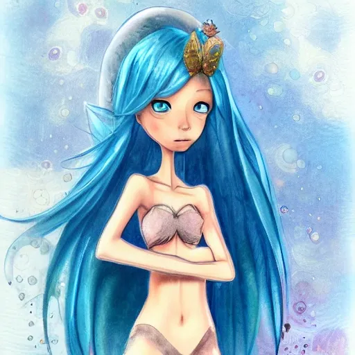 , Cartoon Concept art of Mia Edrielle, a fairy of brown hair and blue aqua eyes, she is beauty, young and slim, white skin, courius, , Water Color