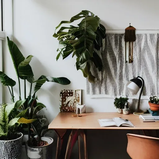 Editorial Style photo, Eye Level, Bohemian, Home office, Desk, Plants, textiles, High, Vibrant colors, Eclectic, Natural light, Downtown apt, Afternoon, Creative, quirky, Minimalist—ar 16:9 