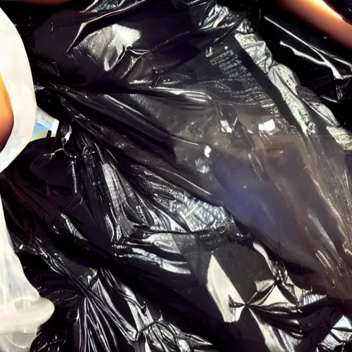 best quality, masterpiece, ultra high res, (photorealistic:1.8), detailed skin, curvy, cleavage, plastic bag, black garbage bag, strapless