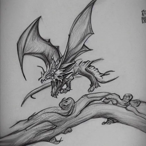 DRAGON WITH SAKURA BRANCH, Pencil Sketch, 3D