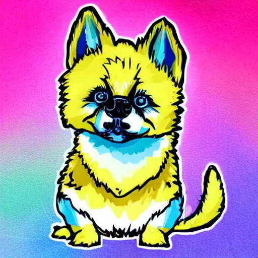 A sticker of a vivid cute chibi adorable fluffy quirky charming dog, vibrant white and orange floral pastel tetradic colors, soft lighting, 3D vector art, cartoon style, hand-drawn, digital painting, simple space backdrop, flat white background, bird's-eye view, focused on the character, 4K resolution,, 3D, Water Color, Pencil Sketch, Oil Painting, Cartoon, Trippy