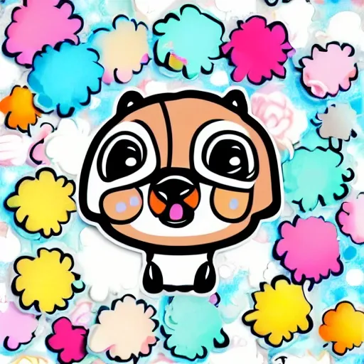 A sticker of a vivid cute chibi adorable fluffy quirky charming dog, vibrant white and orange floral pastel tetradic colors, soft lighting, 3D vector art, cartoon style, hand-drawn, digital painting, simple space backdrop, flat white background, bird's-eye view, focused on the character, 4K resolution,, Water Color