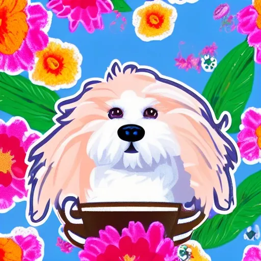 A sticker of a vivid cute chibi adorable fluffy quirky charming dog, vibrant white and orange floral pastel tetradic colors, soft lighting, 3D vector art, cartoon style, hand-drawn, digital painting, simple space backdrop, flat white background, bird's-eye view, focused on the character, 4K resolution, 3D