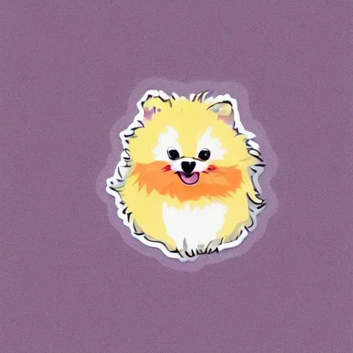 A sticker of a vivid cute chibi adorable fluffy quirky charming pomeranian, vibrant white and orange floral pastel tetradic colors, soft lighting, 3D vector art, cartoon style, hand-drawn, digital painting, simple space backdrop, flat white background, bird's-eye view, focused on the character, 4K resolution, 