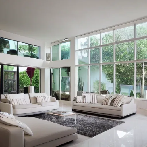 A modern living room with a beautiful white marble table between 2 white sofas ,on the left of the living room there are floor to ceiling glass window and on the right of the living room there are wooden stairs to the second floor, 8k resolution, professional interior design photograph