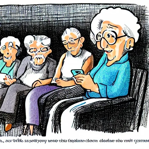 Elderly people looking at their phones, Cartoon