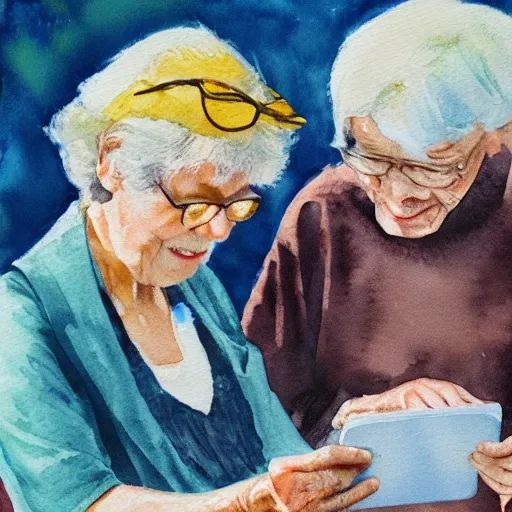 Elderly people looking at their phones, Water Color