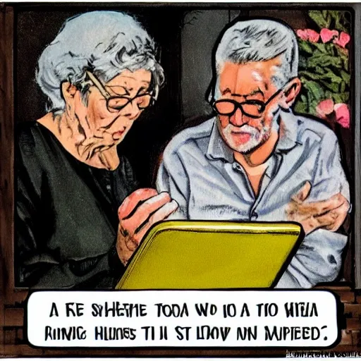 Elderly people looking at their phones, comic