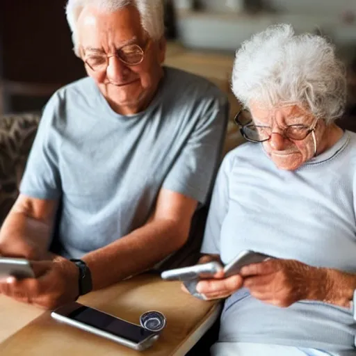 Elderly people looking at their phones, brief strokes
