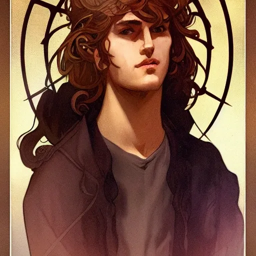 portrait of powerful sorcerer young man wavy brown hair, magical energy, aura, sofisticated, fantasy, highly detailed, digital painting, artstation, concept art, character art, art by alphonse mucha