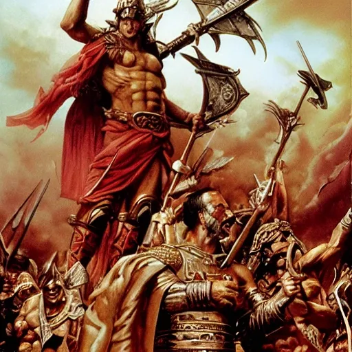 Greek man god Ares as the protector of Sparta surrounded by soldiers in earthy muted tones, emphasizing their disciplined and stoic nature, Dynamic, Battle Formation, Spartan Soldiers, Ares, Patron God, Spartan Warfare, Phalanx, Courage, Inspiring, Striking, Contrasting Colors, Divine Presence, epic, chiaroscuro, acrylic painting by  John Howe, Boris Vallejo, Michael Whelan, Kinuko Y. Craft, Brian Froud, Luis Royo, Brom