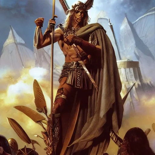 Greek man god Ares as the protector of Sparta surrounded by soldiers in earthy muted tones, emphasizing their disciplined and stoic nature, Dynamic, Battle Formation, Spartan Soldiers, Ares, Patron God, Spartan Warfare, Phalanx, Courage, Inspiring, Striking, Contrasting Colors, Divine Presence, epic, chiaroscuro, acrylic painting by  John Howe, Boris Vallejo, Michael Whelan, Kinuko Y. Craft, Brian Froud, Luis Royo, Brom