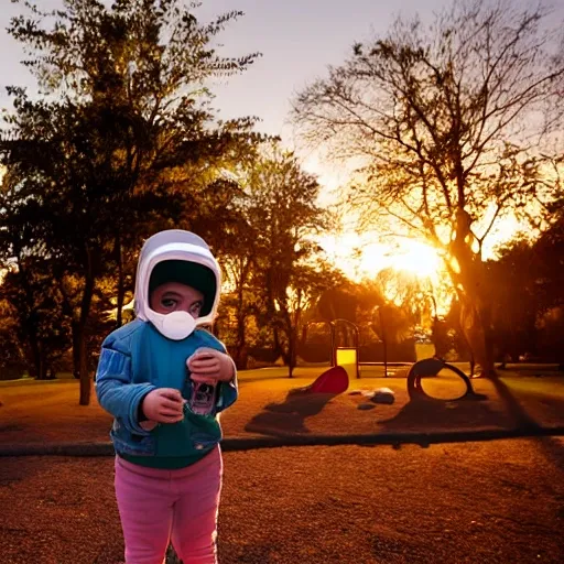 A photography shot captured with a 50mm lens, portraying a toddler wearing an N95 mask in a playground. The composition draws inspiration from the works of photographer Sally Mann, capturing a tender and poignant moment. The color temperature is natural, showcasing the authentic colors of the surroundings. The toddler's expression reveals a mix of innocence and awareness, illuminated by soft, golden-hour lighting that creates a warm and nostalgic atmosphere, 3D