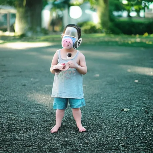 A photography shot captured with a 50mm lens, portraying a toddler wearing an N95 mask in a playground. The composition draws inspiration from the works of photographer Sally Mann, capturing a tender and poignant moment. The color temperature is natural, showcasing the authentic colors of the surroundings. The toddler's expression reveals a mix of innocence and awareness, illuminated by soft, golden-hour lighting that creates a warm and nostalgic atmosphere