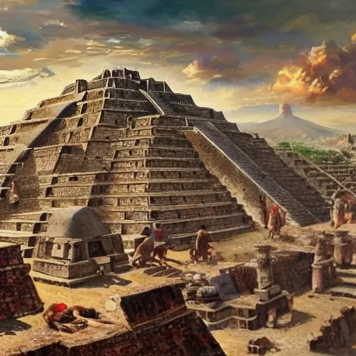 excellent painted aztec city Tenochtitlan 1200 AD in a wide epic beautiful landscape somewhere in mexico with fluffy clouds, painted by Hans Fredrik Gude, Greg Rutkowksi, Craig Mullins and Artgerm, masterpiece, 4k, ultra realistic highly detailed oil painting, 3D