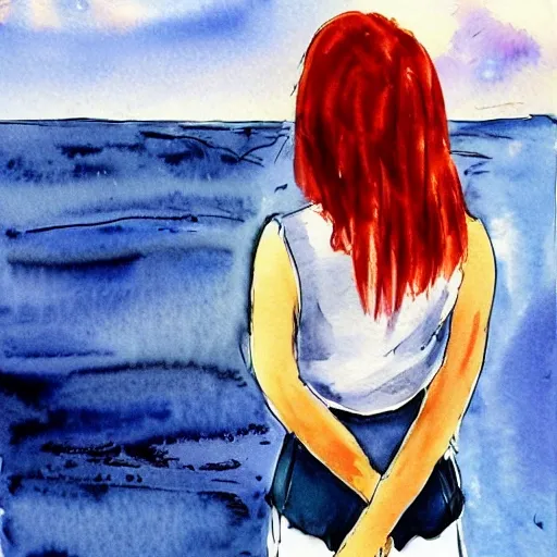 , Water Color, redhead girl, sailor, sea, boat, sexy