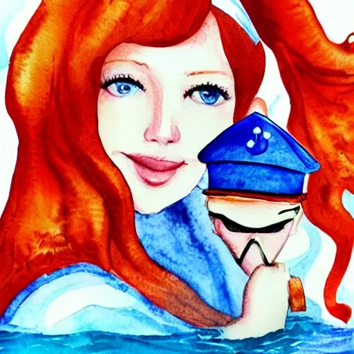 , Water Color, redhead girl, sailor, sea, boat, sexy, 3D