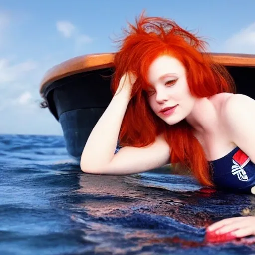 redhead girl, sailor, sea, boat, sexy, 3D, swimsuit 