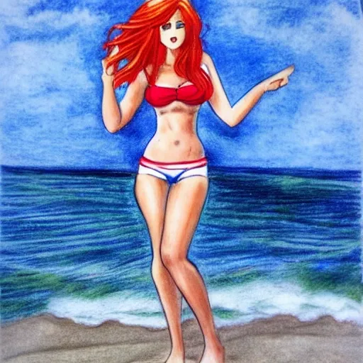 redhead girl, sailor, sea, boat, sexy, swimsuit, fullbody, sexy curves, nice body, beach, Pencil Sketch