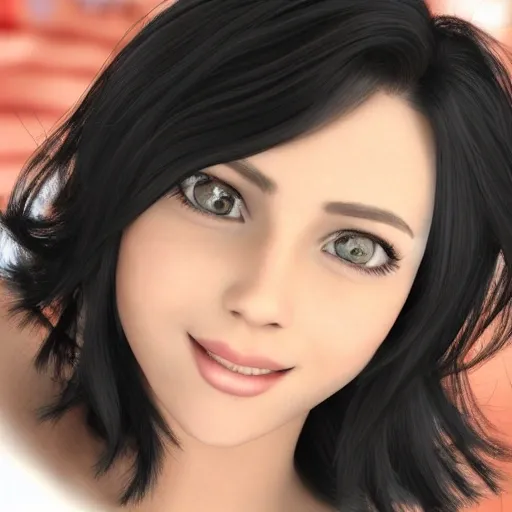 American Woman 22, Ultrarealistic, 32K, HD, 3D, Full Body, Angelic Face, Beautiful Body, Smile, Soft Skin, Short Black Hair, Makeup, Height 1.60, Sexy, Goddess