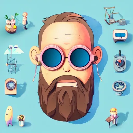 A detailed illustration a old man full beard with virtual reality glasses, t-shirt design, flowers splash, t-shirt design, in the style of Studio Ghibli, pastel tetradic colors, 3D vector art, cute and quirky, fantasy art, watercolor effect, bokeh, Adobe Illustrator, hand-drawn, digital painting, low-poly, soft lighting, bird's-eye view, isometric style, retro aesthetic, focused on the character, 4K resolution, photorealistic rendering, using Cinema 4D