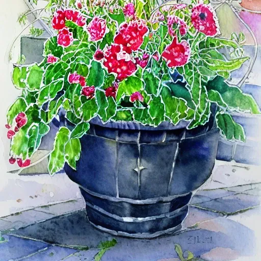 a beautifull intricate watercolor painting of potted planter with flowers inside sitting on wet sidewalk, reflexions, high details by stephanie law art 