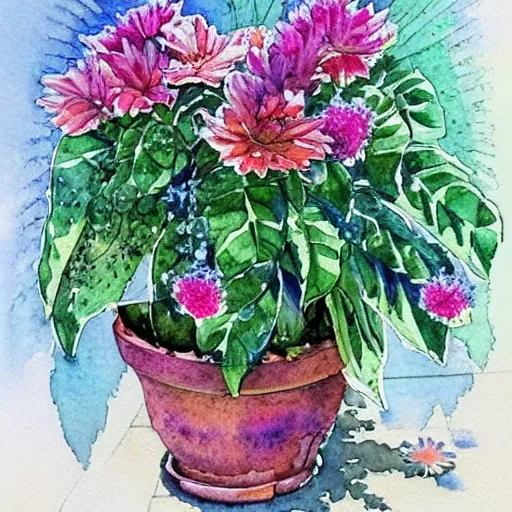 a beautifull intricate watercolor painting of potted planter with flowers inside sitting on wet sidewalk, reflexions, high details by stephanie law art 