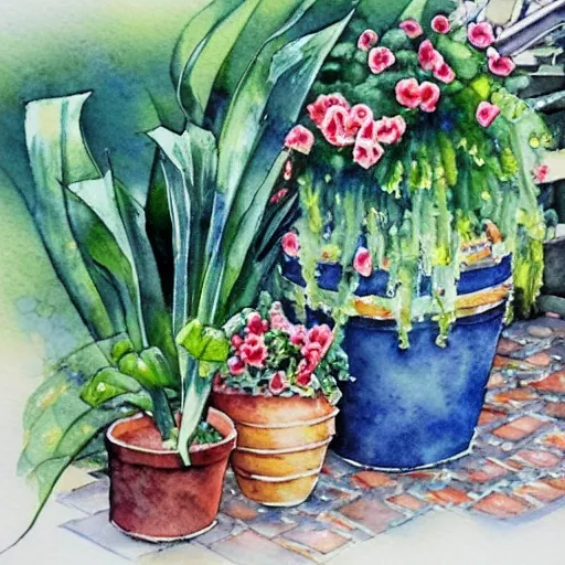 a beautifull intricate watercolor painting of potted planter with flowers inside sitting on wet sidewalk, reflexions, high details by stephanie law art 