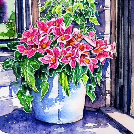 a beautifull intricate watercolor painting of potted planter with flowers inside sitting on wet sidewalk, reflexions, high details by stephanie law art 