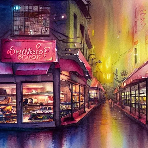 watercolor painting of a butcher shop, raining, busy street, romantisism, outrun, pastel colors, painting, moody, detailed, by android jones 