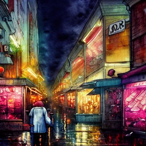 watercolor painting of a butcher shop, raining, busy street, romantisism, outrun, pastel colors, painting, moody, detailed, by android jones 