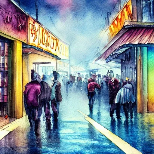 watercolor painting of a butcher shop, raining, busy street, romantisism, outrun, pastel colors, painting, moody, detailed, by android jones 