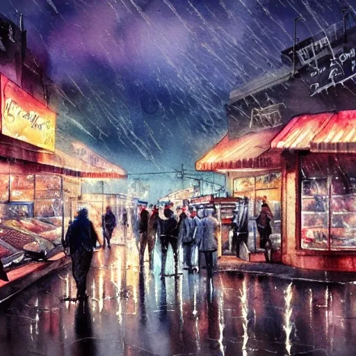 watercolor painting of a butcher shop, raining, busy street, romantisism, outrun, pastel colors, painting, moody, detailed, by android jones 