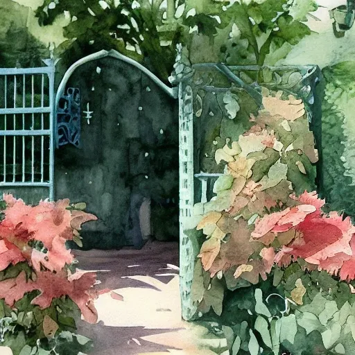 delicate, garden, paved, botanic watercolors, iridescent, 8 k, realistic shaded, fine details, artstation, italian, chairs, iron gate, pine maritime, mediterranean 