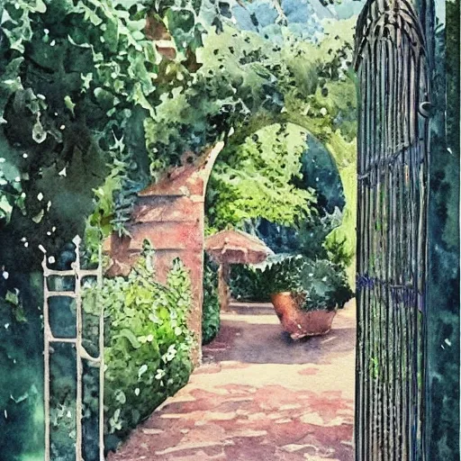 delicate, garden, paved, botanic watercolors, iridescent, 8 k, realistic shaded, fine details, artstation, italian, chairs, iron gate, pine maritime, mediterranean 