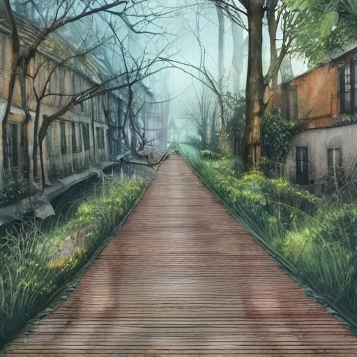 Wooden footpath next to narrow canal between buildings in beautiful overgrown futuristic sci-fi city in harmony with nature. Nice colour scheme, soft warm colour. Beautiful detailed watercolor by Lurid. (2022)