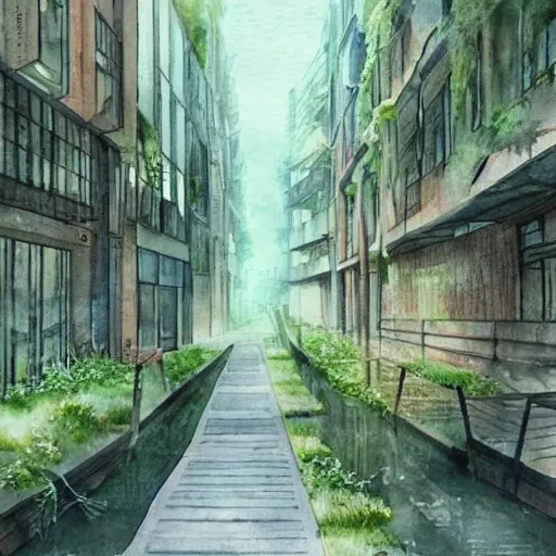 Wooden footpath next to narrow canal between buildings in beautiful overgrown futuristic sci-fi city in harmony with nature. Nice colour scheme, soft warm colour. Beautiful detailed watercolor by Lurid. (2022)