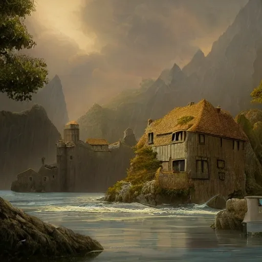 a typical european house with a slate roof, submerged under the water of the acean, school of fishes, scenic view, matte painting by christophe vacher and hubert robert, trending on artstation 