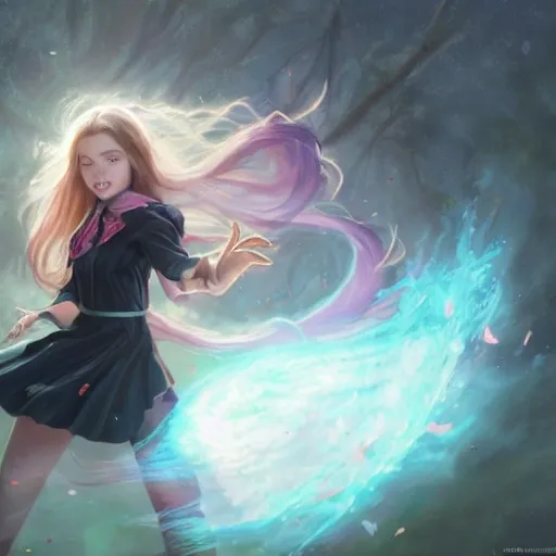 realistic portrait of a innocent young teen girl, d&d magic fantasy, dark magical school student uniform, light curly hair, casting a bright large-scale magical spell around herself, overflowing energy, highly detailed, digital painting, trending on artstation, pixiv, concept art, sharp focus, illustration, art by Ross Tran and Greg Rutkowski and Walt Disney animation