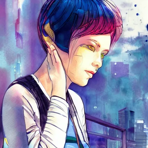 Sci-fi, Water Color,short hair, athletic,, nylon short, sweater, cyberpunk, young girl, lovely eyes, urban environment, tennis shoes,