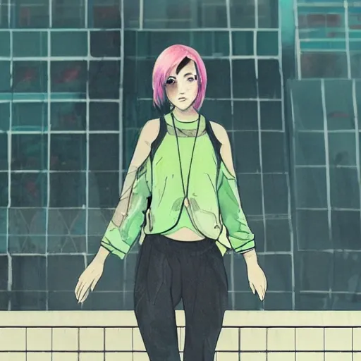 Sci-fi, Water Color,short hair, athletic,, nylon short, sweater, cyberpunk, young girl, lovely eyes, urban environment, tennis shoes, full body