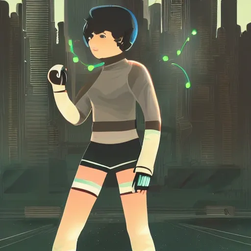 Sci-fi,short hair, athletic,, nylon short, sweater, cyberpunk, young girl, lovely eyes, urban environment, tennis shoes, full body, cloth with glowlights. high gloves, detailed, futuristic, character design